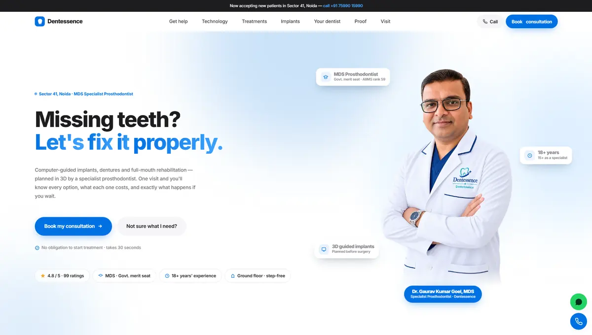 Dentessence Dental Care homepage designed by Nifrox