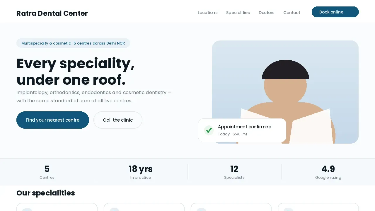 Ratra Multispecialty and Cosmetic Dental Center homepage designed by Nifrox